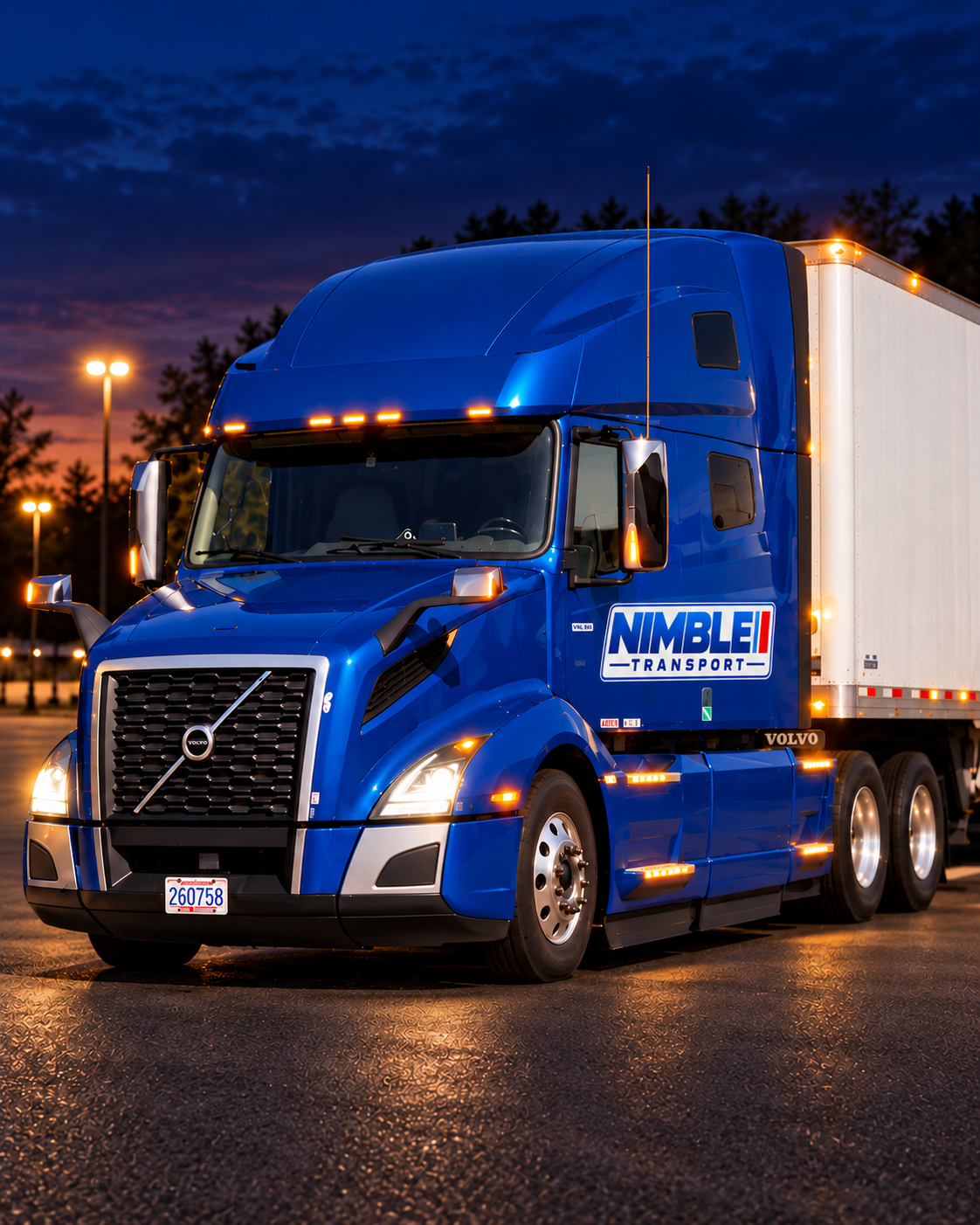 Nimble Transport trucks at dusk
